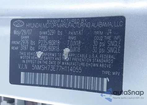 2007 Hyundai Santa Fe Limited/Se z USA, uszkodzony, nr VIN 5NMSH73E77H114055